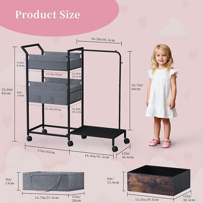 Baby Diaper Caddy Organizer - 3 Tier Rolling Cart with Kids Clothing Rack, Mobile Utility Cart with Dividers and Drawers, Large Capacity Storage Cart for Bedroom, Bathroom, Grey Carts with Wheels