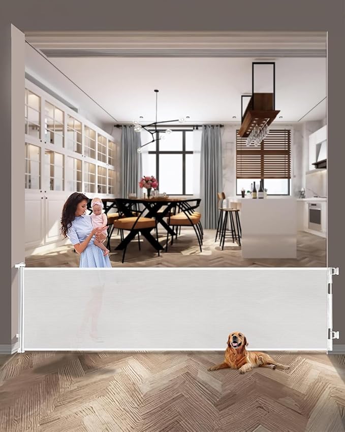 197 Inch Extra Wide Retractable Baby Gate,Mesh Large Baby Gate or Mesh Pet Dog Gate, Opening Wide Extra Long Child Safety Gate for Indoor, Outdoor, Stairs, Deck（White,33"x197")