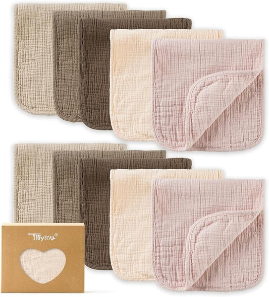 TILLYOU Muslin Burp Cloths Baby Boy Girl 20" x 10", 6-Layer Absorbent 100% Cotton Burping Cloths Large Soft, 10 Pack(Gradient Brown)
