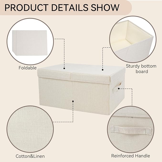 Large Fabric Storage Boxes with Lid,Foldable Closet Organizers and Storage,2 Pack Storage Bins for Shelves,Toys,Sheets,Clothes 18"×11"×8" Beige