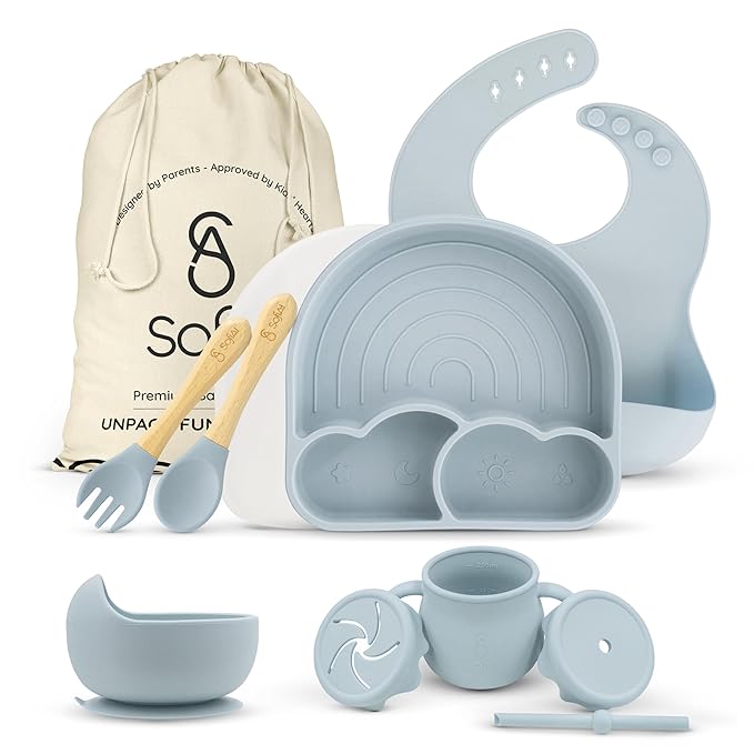 SofiAl All In One Silicone Feeding Set - Safe for 6-12 Months - Non-Toxic Baby Led Weaning Supplies - Toddler Self Feeding Utensils - BPA-Free - Mess Free Essentials