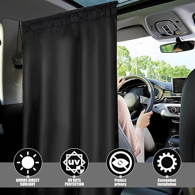 Car Privacy Curtain - Universal Auto Divider Between Rear Seat, Blackout Sun Shades, Side Window Covers for Travel, Camping, Nap, Sleeping (1Pc)