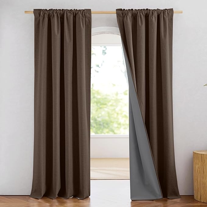 NICETOWN Coffee Vintage Linen 100% Blackout Curtains for Living Room, W52 x L90 in, Set of 2, Thermal Insulated Curtains with Light Blocking Liner, Noise Reducing Window Treatments for Home Cinema