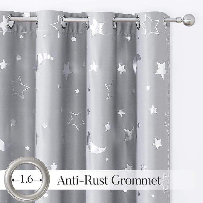 WUBODTI 100% Blackout Star Curtains for Kids Room Nursery 2 Panel Sets 63 Inch Length, Grommet Silver Star and Moon Patterned Blackout Curtains Thermal Insulated Drapes for Boys Bedroom, Grey