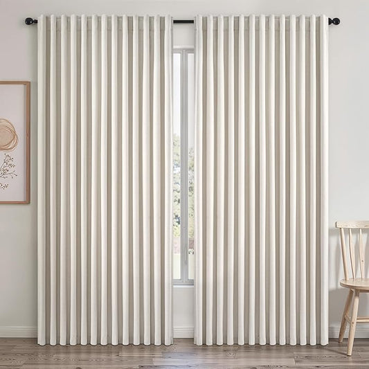 Extra Wide 100 Inch Length Blackout Curtains & Drapes 90 Inches Long 2 Panels Set for Sliding Glass Doors Modern Pleated Linen Blend Heavy Floor to Ceiling Large Window Drapes(100"Wx90"Lx 2 Birch)