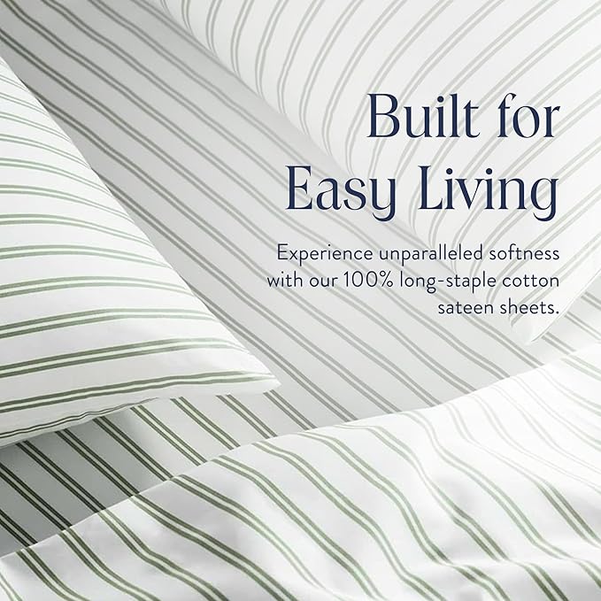 Brooklinen Luxury Sateen 4 Piece Sheet Set - 100% Cotton Bed Sheets, Durable Queen Size Sheets Set in Green Tandem Stripe, Oeko-TEX Certified Bedding Set, 1 Fitted Sheet, 1 Flat Sheet, 2 Pillowcases