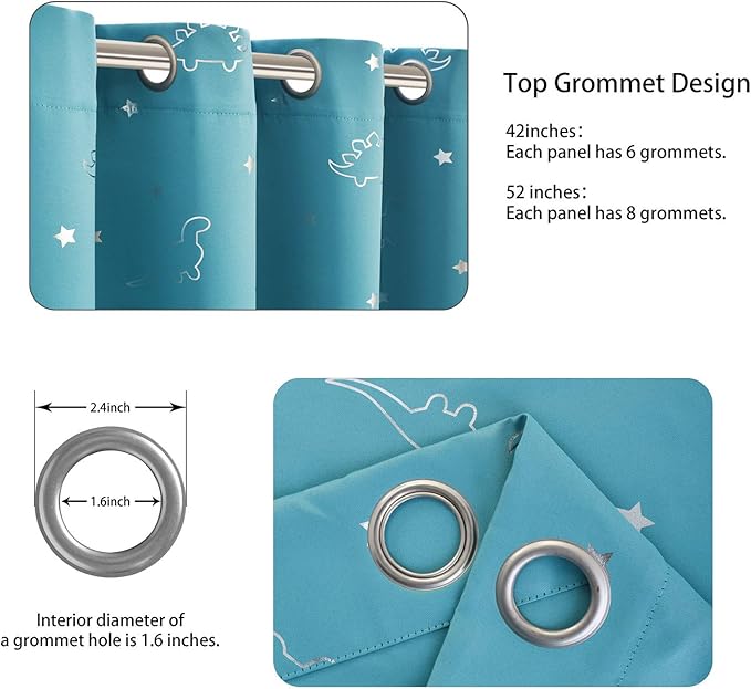 LORDTEX Dinosaur and Star Foil Print Blackout Curtains for Kids Room - Thermal Insulated Curtains Noise Reducing Window Drapes for Boys and Girls Bedroom, 42 x 84 Inch, Teal, Set of 2 Panels