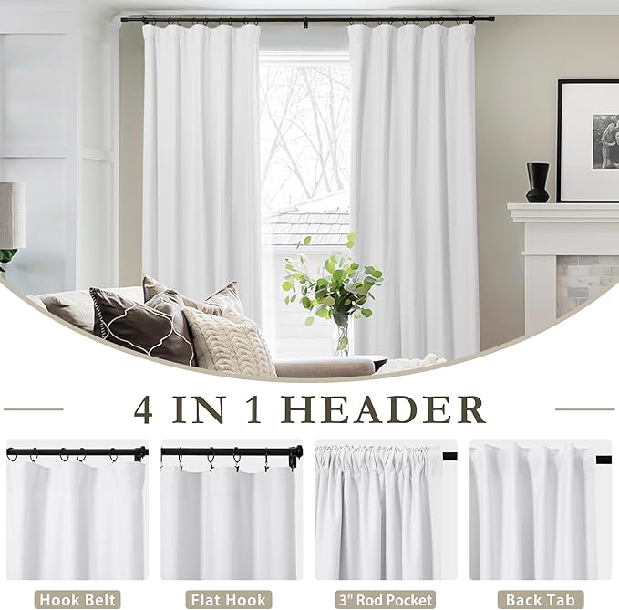 ChadMade 192 Inches Extra Long Curtains, Light Blocking Rod Pocket Back Tab Hook Belt Flat Hooks Curtains for Living Room Set of 2 Panels Privacy Curtains, Snow White, 2 Panels, 50 W x 192 L Inch