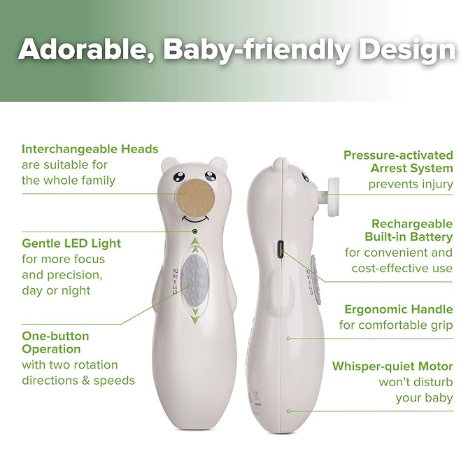 haakaa Rechargeable Baby Nail Trimmer with LED Light, Rechargeable Baby Nail File for Toddler/Newborn/Adults Toes and Fingernails, Additional Replacement Heads & Charging Cable, Compact Case, Pebble