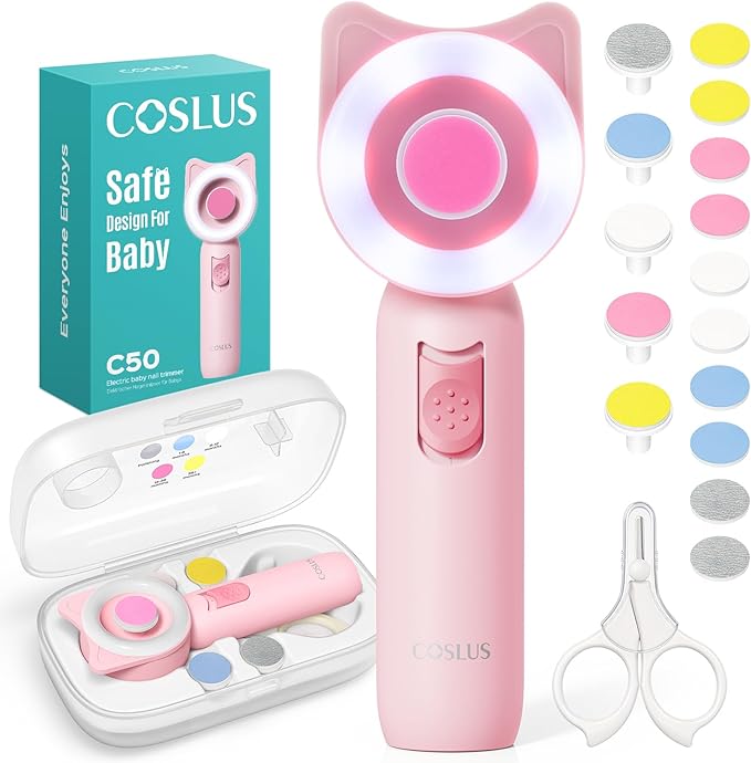 COSLUS Baby Nail File, Baby Nail Trimmer Electric, Baby Nail Clipper - Gentle, Quiet with 360° Light, Safe for Sleep Time Grinding, 16-in-1 Kit for Newborn, Infant & Toddler (C50, Strawberry Pink)