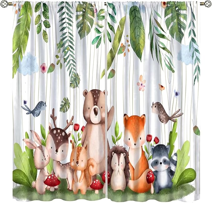 Forest Animal Curtains, Watercolor Wild Animal Bear Fox Deer Kids Window Treatments for Living Room Bedroom,Child Nursery Colorful Wildlife Jungle Forest Living Room Window Drapes Fabric,52x84Inch