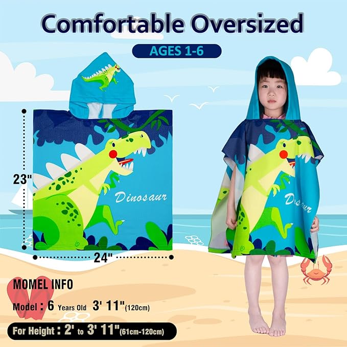 Hooded Kids Beach Towels - Toddler Bath Towel Girls Boys Swim Cover-ups for Ages 1 to 6 Kids Pool Towels Quick Dry Lightweight Soft Microfiber Poncho Towel 24x23(Dino Jungle)