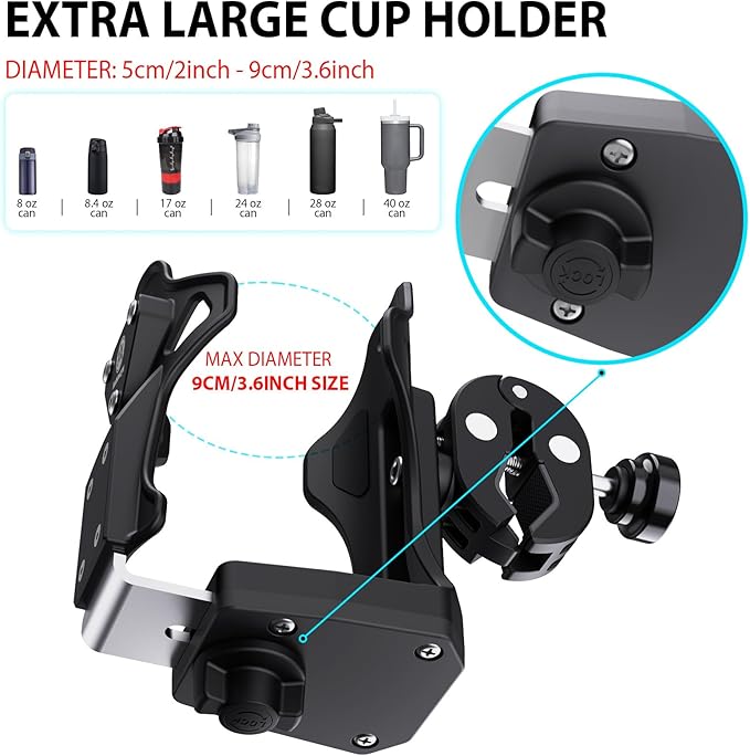 Extra Large Motorcycle Cup Holder Anti Theft, Mathtoxyz Bike Water Bottle Holder 1.95 – 3.6 inch Universal Size Handlebar Drink Holder Cage for Moto Bicycle, Boat, Scooter, Stroller, Wheelchair