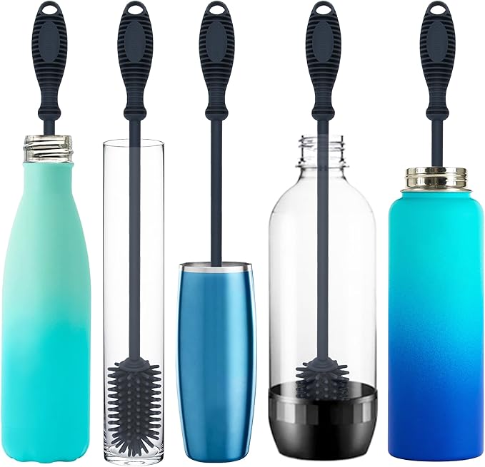 Kitchiny 12.5" Silicone Bottle Brush & Straw Cleaner Brush Set | Water Bottle Cleaner for Hydro Flasks, Tumblers, Glassware, Vases and Narrow Neck Containers