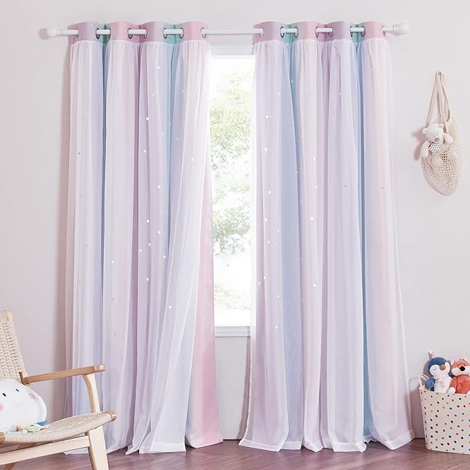 NICETOWN Blackout Curtains for Bedroom, Star Hollow-Out Nursery Nursery Rainbow Ombre Curtains for Classroom Living Room, 52 x 72 inch, Set of 2, Blue & Purple & Pink