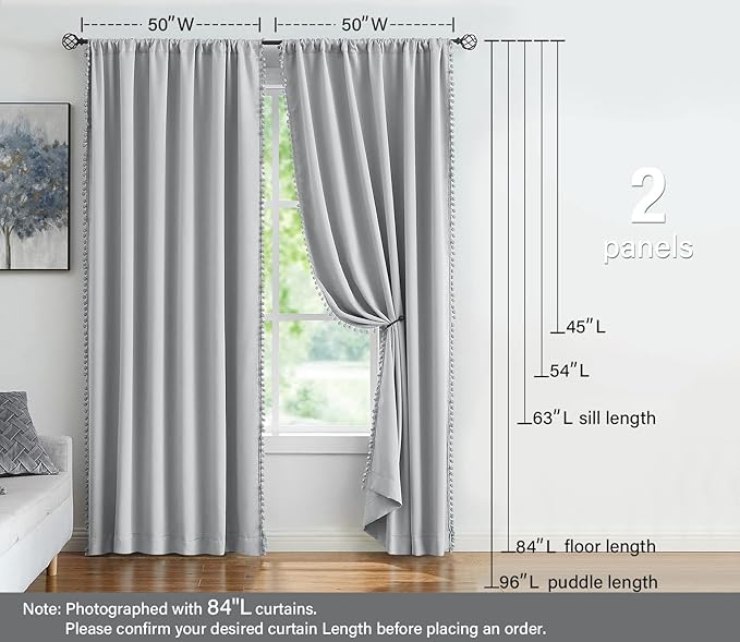 Treatmentex Grey Pompom Curtains for Bedroom Living Room 95 inch Triple Weave Half Blackout Window Curtains for Hotel Men's Guest Room Drapes 52" w x2 Panels Rod Pocket