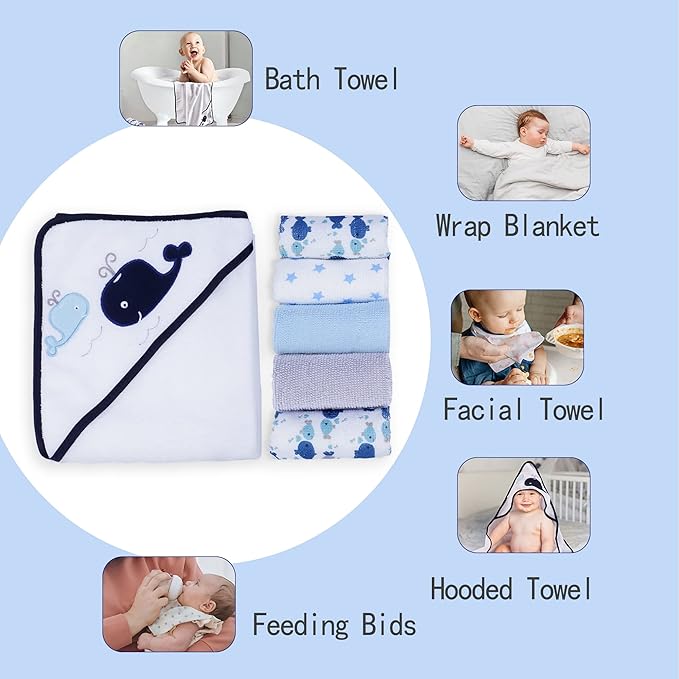 Viviland Baby Towels and Washcloths, Soft Absorbent Baby Boy Bath Towel Set, Whale Hooded Towels with 5 Infant Washcloths，(6 Pieces)