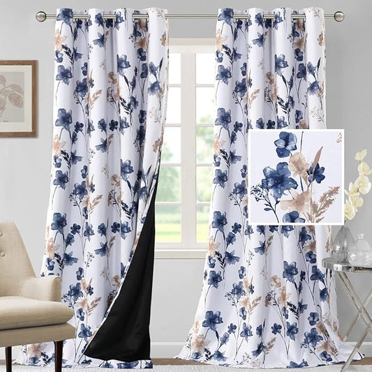 H.VERSAILTEX 100% Blackout Curtains 108 inch Length 2 Panels Set Cattleya Floral Printed Drapes Leah Floral Thermal Curtains for Bedroom with Black Liner Sound Proof Curtains, Navy and Taupe