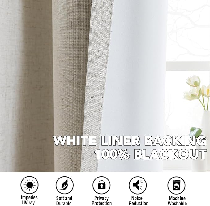H.VERSAILTEX Linen Curtains 100% Blackout Curtains for Bedroom 102 inch Long Full Light Blocking Nature Linen Blended Window Curtains for Living Room Nickel Grommet (2 Panels, Heathered Linen)