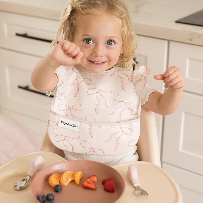 Tiny Twinkle Mess-Proof Baby Bibs for Eating | Waterproof, Wipeable Toddler Bibs with Catch-All Pocket | Feeding Bibs for Girls & Boys(3 Pack,Toile,Bows)