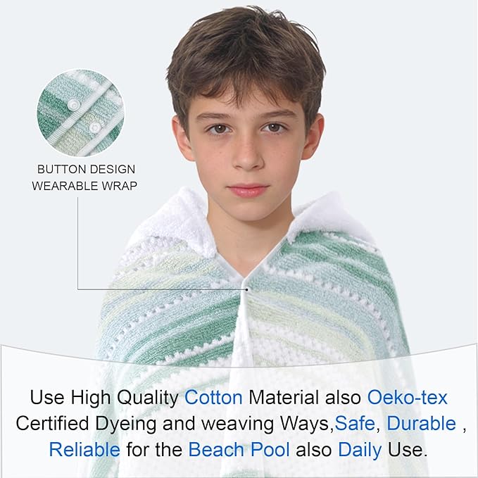 Hooded Bath Towel for Teens (8-14 Years,64"X33") | Soft Fluffy Quick Dry Absorbent 100%Cotton Thick Towel Wrap for Big Kids | Versatile Beach, Pool, Swim & Bath Cover-Up | Light Green Vertical Stripe