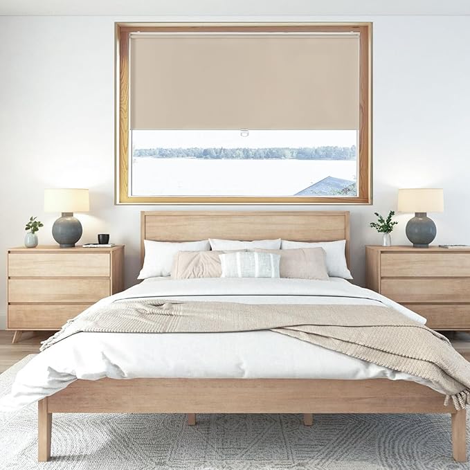 ChrisDowa Cordless Free-Stop100% Blackout Blinds for Windows, Roller Windows Shades with Thermal Insulated, UV Protection Fabric for Living Room, Office and Home. Easy to Install.Beige,52" W X 72" H
