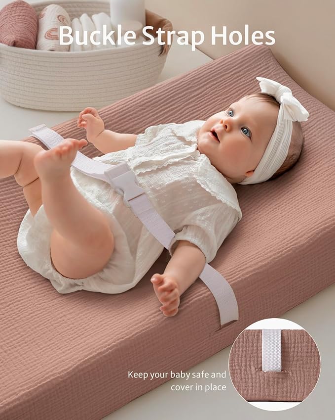 Blissful Diary Muslin Changing Pad Cover for Girls Boys, Ultra Soft Breathable Cotton, Baby Diaper Change Table Pad Covers, 2Pack (Checkered Pink & Dusty Pink)