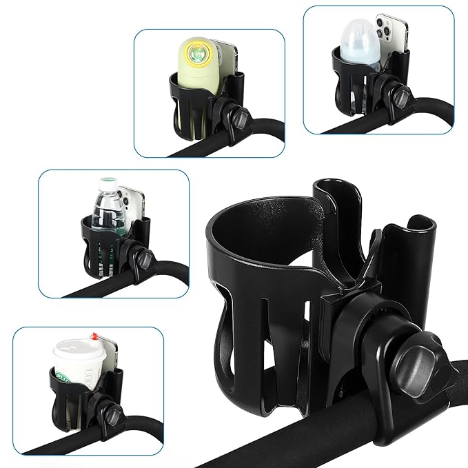 Accmor Universal Cup Holder with Hook, Stroller Cup Holder with Phone Holder, 360° Rotatable Large Caliber Designed Bottle Holder for Stroller, Bike, Wheelchair, Walker, Scooter