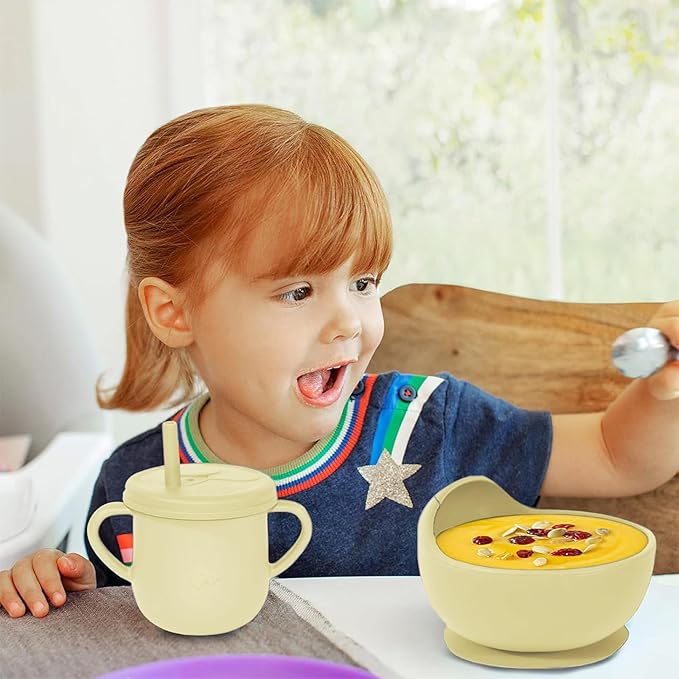 Dormlony 100% Silicone Baby Feeding Set,BPA Free Baby Dishes Set with Suction Bowl Divided Plate,Toddler Self Feeding Dish Set with Spoons Forks Sippy Cup and Bib, Baby Eating Utensils (Yellow)