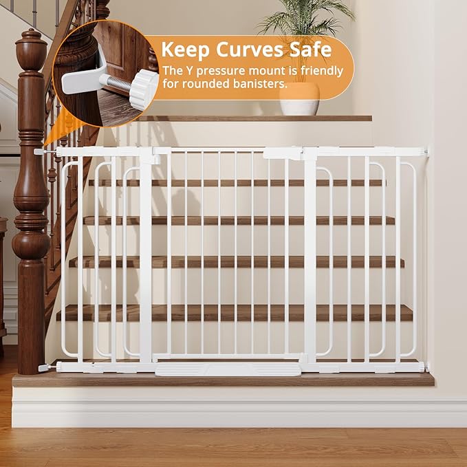Wide Baby Gate for Stairs 29.8-53.4 Inch Pressure Mounted, Auto Close Child Baby Gates for Doorways No Drill, Walk Through Dog Gate Indoor for The House, White