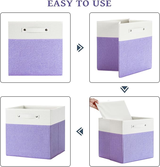 13 x 13 Inch Fine Linen Storage Bins with Handles，Fabric Cube Boxs，Basket Organizers for Shelves for Home, Closet Drawers (White/Purple-4 Pack)