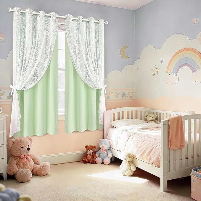 Yinhua Double Layer Blackout Curtains for Bedroom Green Curtains for Living Room 84 Inch Length 2 Panels Set Kid Curtain with Tiebacks, Grommet Drapes with Floral Sheer Overlay, 52" W x 63" L