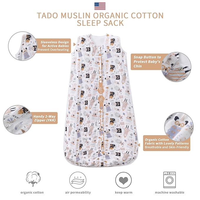 TADO MUSLIN Toddler Sleep Sack 1-2T, 0.5 TOG Lightweight Wearable Blanket, 100% Organic Cotton Muslin, Sleeveless, 2-Way YKK Zipper, OEKO-TEX Certified, 12-24 Months Sleeping Bag