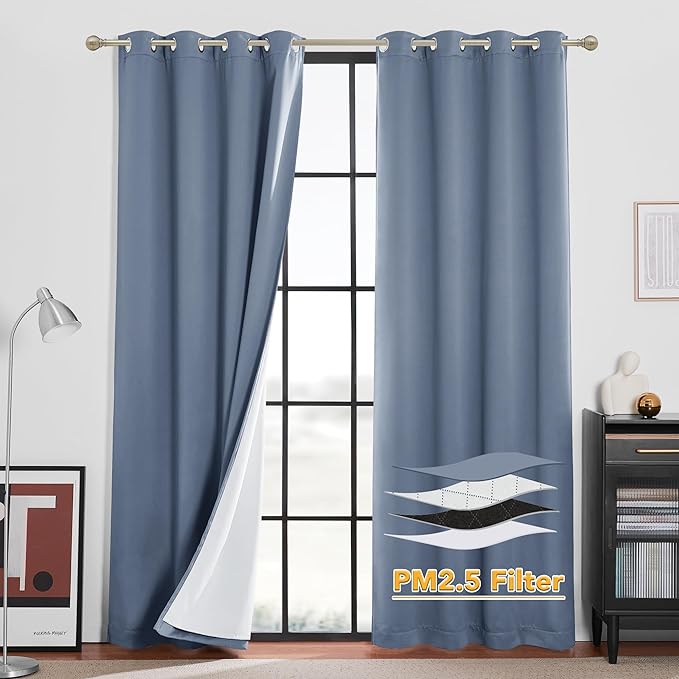 RYB HOME Soundproof & Dust Particle Filtering Curtains Blackout Window Treatment for Bedroom Living Room Divider Nursery Daytime Sleeping Patio Door, Stone Blue, W52 x L 108 inch, 2 Panels