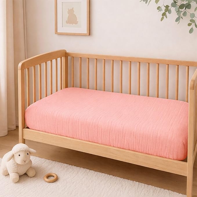 PET REJOIR 2 Pack Blush Muslin Crib Sheets for Boys & Girl- Neutral Breathable Cotton Crib Mattress Sheets Fitted for Standard 28"x 52"- Nursery Décor No Slip Crib Bed Sheets
