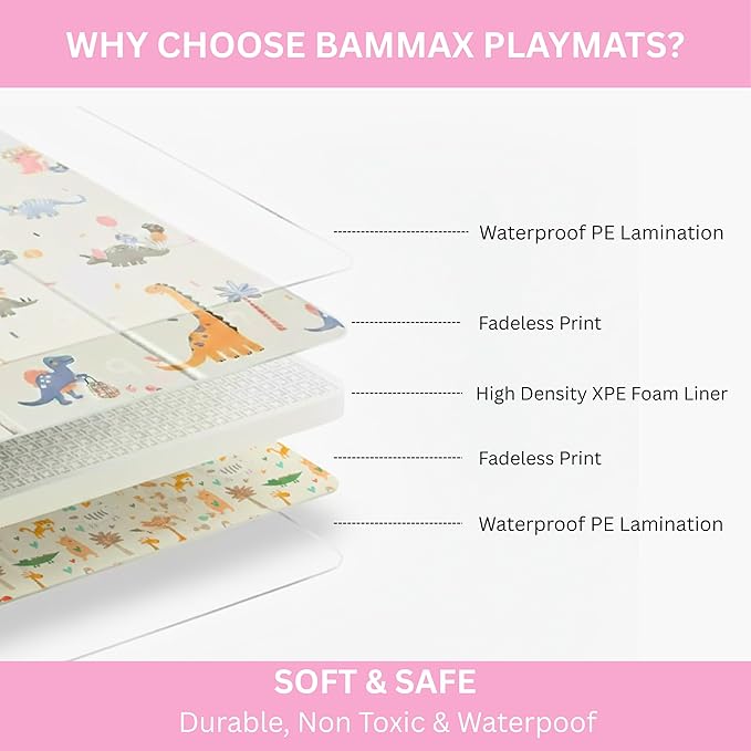 Bammax Extra Large 78" x 70" x 0.4" XPE Foam Baby Play Mat with Travel Bag | Waterproof, Foldable & Reversible Padded Playmat | Baby Crawling & Kids Play Mat – Giftable Design, Dinosaurs & Safari Animals