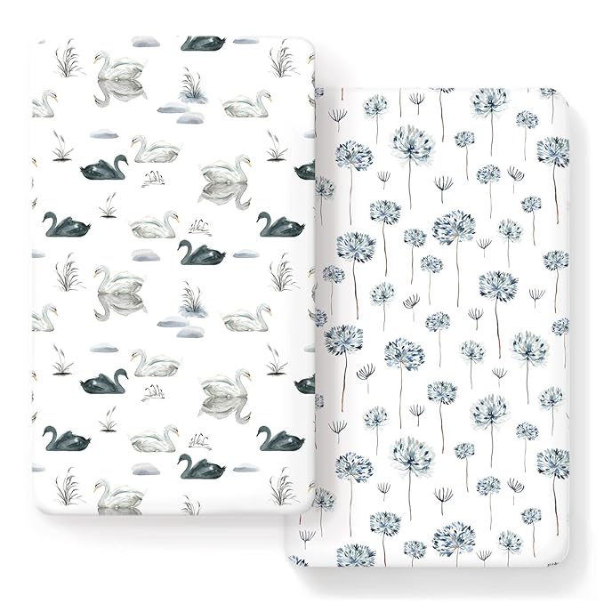 Stretch Ultra Soft Jersey Knit Fitted Crib Sheets Set 2 Pack, Fits All Standard Crib Mattress Pads Safe and Snug, Crib Fitted Sheet for Baby, Pretty Swan/Watercolor Dandelion for Baby