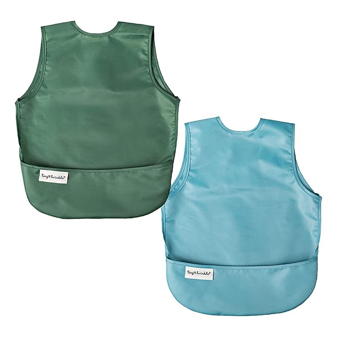 Tiny Twinkle Mess Proof Baby Bibs | 2 Pack Waterproof Toddler Bib for Eating | Baby Apron for Feeding, Machine Washable, Perfect Shower Gift (Slate Olive, 2-4Y)