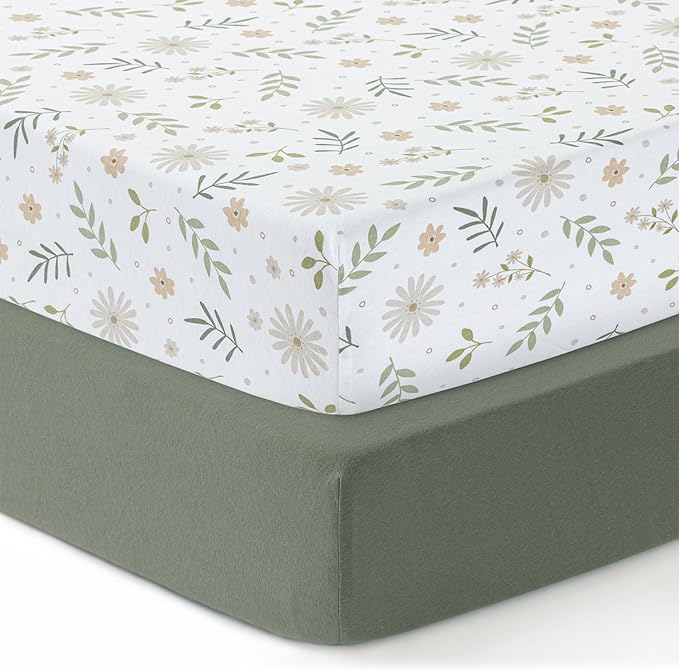 Dreamology Mini Crib Sheets Fitted,100% Cotton Crib Sheets,Super Soft, 2 Pack, Pack and Play Sheets, Mini Crib Mattress Sheets for Boys,Girls,Pack n Play Sheets,38x24 Mini Crib Sheets | Green,Flowers