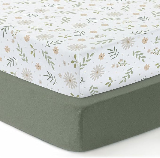 Dreamology Mini Crib Sheets Fitted,100% Cotton Crib Sheets,Super Soft, 2 Pack, Pack and Play Sheets, Mini Crib Mattress Sheets for Boys,Girls,Pack n Play Sheets,38x24 Mini Crib Sheets | Green,Flowers