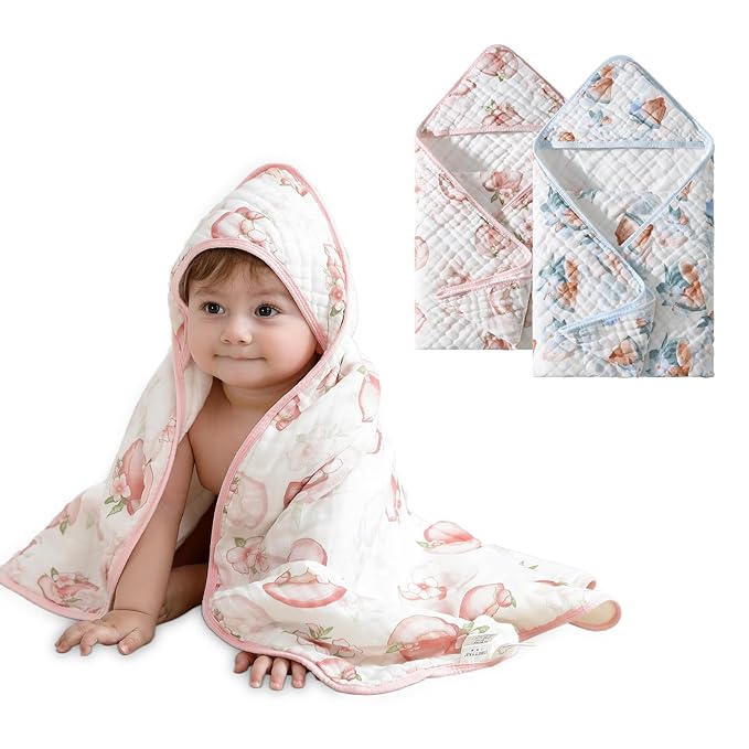 Muslin Hooded Baby Towels 2 Pack, Ultra Soft & Absorbent Baby Bath Towels, Bath & Beach Essentials, Shower Gifts for Newborns, Babies, Infant, Toddler - 32x32 Inch (Peach & Watermelon)