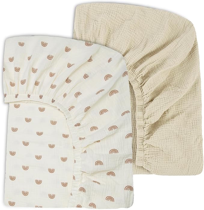 Ultra Soft Muslin Crib Sheets for Baby, Premium Breathable Organic Cotton Crib Fitted Sheet for 52’’x28’’Standard Crib and Toddler Mattress,2 Pack Beige&Rainbow