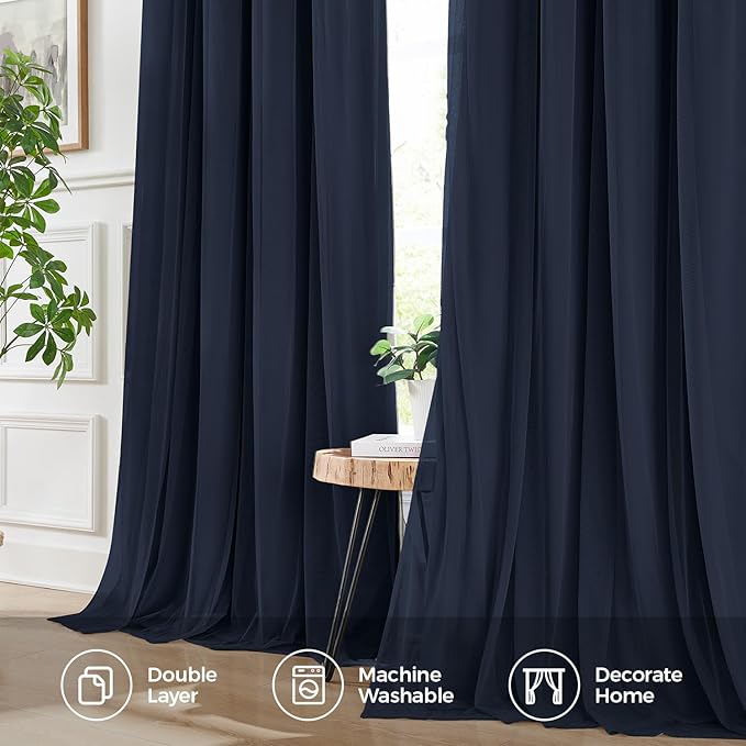 100% Blackout Curtains for Bedroom, Double Layer Navy Blue Curtains, Black Out Curtain 84 inch long With Sheer Overlay for Living Room, Room Darkening Window Drapes with Grommet, 52"W x 84"L