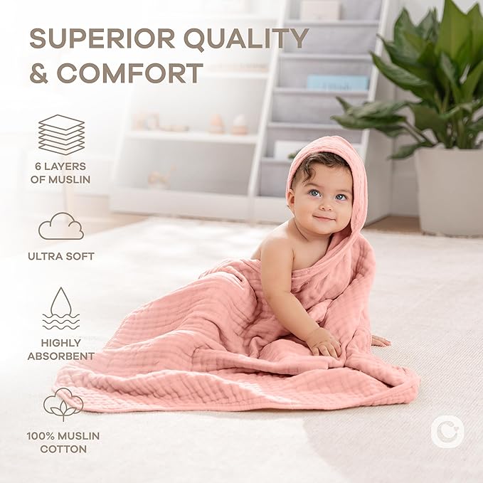 Comfy Cubs Hooded Baby Towel 2-Pack, Large 32 x 32 Inch - 6 Layer 100% Muslin Cotton for Babies, Toddlers and Kids - Soft & Absorbent Baby Bath Towels - Unisex Design for Bath Time - Bold Blush