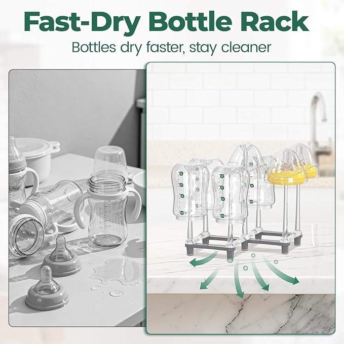 EsLuker.ly Baby Bottle Drying Rack Plastic Vertical Dryer Holder, Foldable Space Saving for 12 Milk Glass Bottle Countertop, Drain Stand Shelf for New Parents