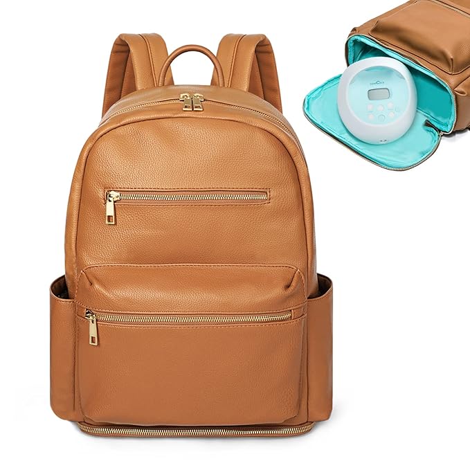 MOMINSIDE Diaper Bag Backpack, Diaper Bags Baby Diaper Bag 13 Pockets Leather Mini Baby Bag Backpack, Breast Pump Bag, 2 Insulated Pockets, Backpack Diaper Bag, Brown
