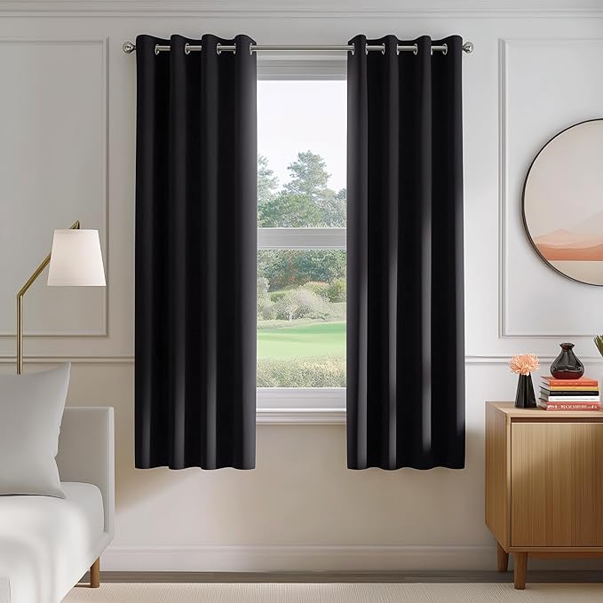FMFUNCTEX 100% Blackout Curtains for Bedroom, Black Curtains 54 Inches Long Textured Thermal Insulated Curtains for Living Room Drapes, Black Out Drapery Grommet Room Darkening 2 Panels