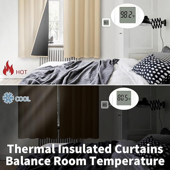 BGment Thermal Insulated 100% Blackout Curtains for Bedroom with Black Liner, Double Layer Full Room Darkening Noise Reducing Grommet Curtain (42 x 63 Inch, Natural, 2 Panels)