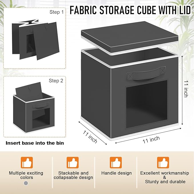10 Pcs Fabric Storage Cube with Lid 11x11 Inch Fabric Storage Bins with Window Handle Collapsible Cube Organizer Basket for Shelves Closet Bedroom Office Clothes Book Stuffs (Dark Gray)