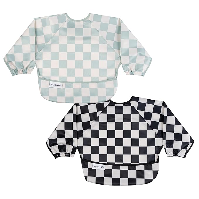 Tiny Twinkle Long Sleeve Bib for Babies & Toddlers | 2-Pack Waterproof Smock Bib for Eating | Machine Washable & Mess-Proof Feeding Essentials | Newborn Shower Gift (Black,Sage Checkers, 6-24M)